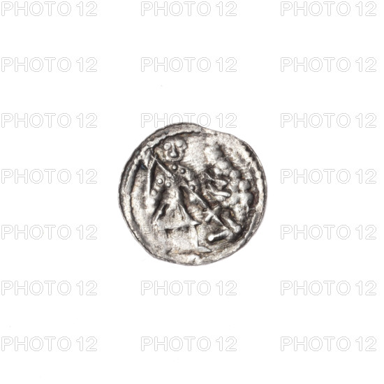 denarius, Boleslaw III Krzywousty (Prince of Poland; 1086–1138), allegories, equal-armed cross (iconographic), spearhead (issue mark), chain mail (iconographic), crosses. Obv.: In a beaded border a knight in chain mail driving a spearhead into the mouth of a dragon turned upside down. Rv.: In a triple beaded border an equal-armed cross topped with balls (two of them with one dot each). One ball between its arms (two of them with one dot). ca. 1125–1138, Poland, Kraków; coin; diameter 11.3–12.1 mm; weight 0.39 g