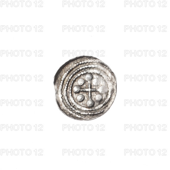 Denarius of Boleslaw III Krzywousty (Prince of Poland; 1086–1138), ca. 1125–1138. Obverse: within a beaded border, a knight in chain mail driving a spearhead into the mouth of an upside-down dragon. Reverse: within a triple beaded border, an equal-armed cross topped with balls (two of them with one dot each) and one ball between its arms (two of them with one dot). Allegorical iconography; spearhead issue mark. Coin, Kraków, Poland. Diameter 11.3–12.1 mm; weight 0.39 g.