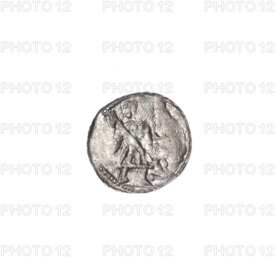 Denarius of Boleslaw III Krzywousty (prince of Poland; ca. 1086–1138), ca. 1125–1138. Obverse: in the beaded border, a knight in chain mail thrusting a spearhead into the jaws of an upside-down dragon (allegory: fight between good and evil / fight against pagans; depiction includes spear, chain mail, knight, dragons, mouths, martyrs, Saint Adalbert). Reverse: in the triple beaded border, an isosceles (equal-armed) cross topped with balls; a ball at the intersection of the arms and additional balls between the arms. Romanesque style. Coin (denarius), Poland, Kraków. Diameter: 11.2–11.9 mm. Weight: 0.33 g.