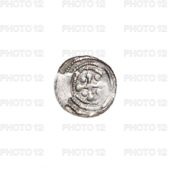 denarius, Boleslaw III Krzywousty (prince of Poland; 1086–1138), allegories, equal-armed cross, crosses, spearhead (issue mark), chain mail, mouth, martyrs, knight, Romanesque (style), dragons, dragon, fight between good and evil, Middle Ages, fight against pagans, spear, spears, Adalbert (Saint; ca. 956–997). Obv. In the beaded border, a knight in chain mail thrusting a spearhead into the jaws of a dragon turned upside down. Rv. In the triple beaded border, an isosceles cross topped with balls. At the intersection of the arms, a ball. Between them, one ball. ca. 1125–1138. Poland, Kraków. Coin. Diameter 11.2–11.9 mm. Weight 0.33 g.