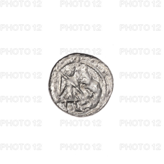 Denarius, Boleslaw III Krzywousty (prince of Poland; 1086–1138). Obverse: in beaded border, a knight in chain mail thrusting a spearhead into the jaws of an upside-down dragon; under the knight's right elbow a sun, and between his legs a ball. Reverse: in triple beaded border, an isosceles cross topped with suns; between its arms two balls radiate outward (smaller ones closer to the center, larger ones farther). Iconography: spearhead, equal-armed cross, chain mail, mouths, knights, dragon, dragons, crosses, spears; themes of martyrs, fight between good and evil, fight against pagans; Romanesque style; reference to Saint Adalbert (ca. 956–997). Ca. 1125–1138. Poland, Kraków. Coin. Diameter 12.2–12.5 mm. Weight 0.36 g.