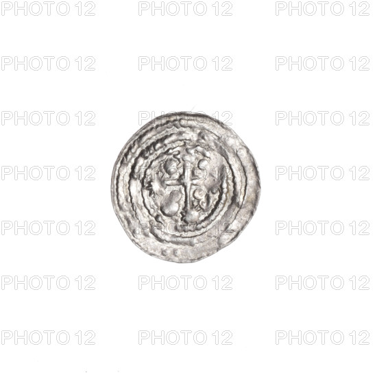 Denarius, Boleslaw III Krzywousty (prince of Poland; reign 1107–1138). Obverse: in the beaded border, a knight in chain mail thrusting a spearhead into the jaws of an upside-down dragon; under the knight's right elbow a sun, and between his legs a ball. Reverse: in the triple beaded border, an isosceles cross topped with suns; between its arms two balls radiate outward (smaller ones closer to the center, larger ones farther out). Iconography: spearhead, equal-armed cross, chain mail, mouths, knights, dragon, martyrs, Adalbert (Saint), spears; themes: allegories, fight between good and evil, fight against pagans; style: Romanesque; date ca. 1125–1138; place: Poland, Kraków; coin (denarius); diameter 12.2–12.5 mm; weight 0.36 g.