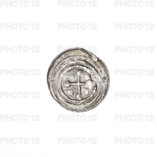 denarius, Boleslaw III Krzywousty (prince of Poland; 1107–1138), allegories, spearhead (issue mark), chain mail (iconographic), jaws (iconographic), crosses, equal-armed cross (iconographic), martyrs, knight (iconographic), knights, dragon (iconographic), Romanesque (style), Middle Ages, fight between good and evil (iconographic), spear (iconographic), fight against pagans (iconographic), spears, Adalbert (St.; ca. 956–997). Obv.: In the beaded border, a knight in chain mail thrusting a spearhead into the jaws of a dragon turned upside down; a dot above the knight's left foot. Rv.: In the triple beaded border, an isosceles cross topped with balls; between its arms, one ball. ca. 1125–1138. Poland, Kraków. Coin. Diameter 12.1–12.9 mm; weight 0.50 g.
