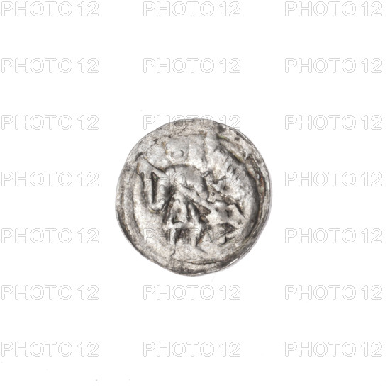 Denarius, Boleslaw III Krzywousty (prince of Poland; 1086–1138). Obverse: in beaded border, a knight in chain mail thrusting a spearhead into the jaws of an upside-down dragon; motifs include knight, chainmail, spear, mouths, dragon, martyrs, fight between good and evil, fight against pagans, Adalbert (Saint; ca. 956–997), Romanesque style, allegories. Reverse: in triple beaded border, an isosceles (equal-armed) cross topped with balls; between its arms one ball; one arm intersects the other at approximately 1/3 of its length. Date: ca. 1125–1138. Place: Poland, Kraków. Medium: coin. Diameter: 12.2–12.8 mm. Weight: 0.45 g.