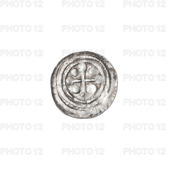 denarius, Boleslaw III Krzywousty (prince of Poland; 1086–1138), allegories, equal-armed cross, spearhead (issue mark), crosses, chainmail, mouth, martyrs, knight, Romanesque (style), knights, dragon, Middle Ages, dragons, fight between good and evil, fight against pagans, Adalbert (Saint; ca. 956–997), spear, spears. Obv.: In the beaded border, a knight in chain mail thrusting a spearhead into the jaws of a dragon turned upside down. Rv.: In the triple beaded border, an isosceles cross topped with balls; between its arms, one ball. One arm intersects the other at approximately 1/3 of its length. ca. 1125–1138. Poland, Kraków. Coin. Diameter 12.2–12.8 mm. Weight 0.45 g.