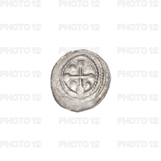 denarius, Boleslaw III Krzywousty (prince of Poland; 1107–1138), crosses, equal-armed cross, allegories, chain mail, jaws, martyrs, knight, Romanesque (style), spearhead (issue mark), dragons, fight between good and evil, Middle Ages, spear, fight against pagans, Adalbert (Saint; ca. 956–997). Obverse: in the beaded border, a knight in chain mail thrusting a spearhead into the jaws of an upside-down dragon. Reverse: in the triple beaded border, an isosceles cross topped with balls; between its arms, one ball. ca. 1125–1138. Poland, Kraków. Coin; diameter 12.1 mm; weight 0.36 g.