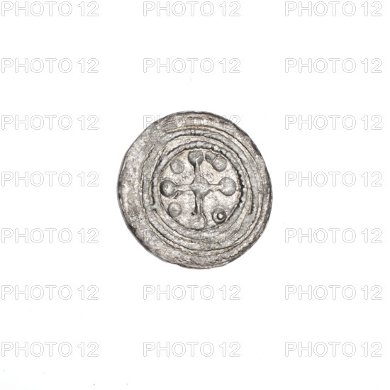 denarius, Boleslaw III Krzywousty (prince of Poland; 1107–1138), allegories, Boleslaw III Krzywousty (prince of Poland; 1086–1138), spearhead (issue mark), chain mail (iconographic), equal-armed cross (iconographic), chain mail, crosses, mouth (iconographic), martyrs, knight (iconographic), dragons, Romanesque (style), mouths, knights, dragon (iconographic), Middle Ages, fight between good and evil (iconographic), fight against pagans (iconographic), spear (iconographic), Adalbert (Saint; ca. 956–997), spears. Obv.: In the linear border, a knight in chain mail thrusting a spearhead into the jaws of a dragon turned upside down. Rv.: In the triple beaded border, an isosceles cross topped with balls. At the intersection of the arms, a ball. Between them, one ball (one of them has a dot). In one quarter, two balls. ca. 1125–1138, Poland, Kraków, coin, diameter 12.5–12.8 mm, weight 0.43 g.