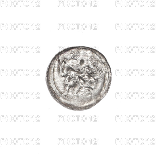 denarius, Boleslaw III Krzywousty (prince of Poland; 1107–1138), allegories, equal-armed cross, spearhead (issue mark), chain mail, martyrs, Romanesque (style), knights, dragons, Middle Ages, dragon, fight between good and evil, Adalbert (Saint; ca. 956–997), fight against pagans, spears, Obv. In the beaded border, a knight in chain mail thrusting a spearhead into the jaws of a dragon turned upside down. Rv. In the triple beaded border, an isosceles cross topped with balls; between its arms, one sun. ca. 1125–1138, Kraków, Poland, coin, diameter 12.6–13.1 mm, weight 0.40 g