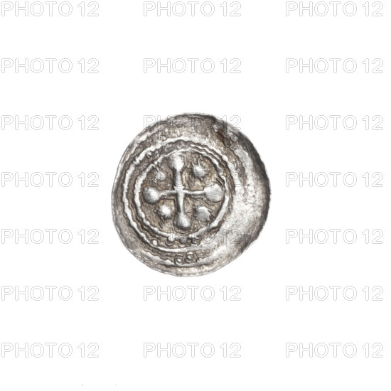 Denarius, Boleslaw III Krzywousty (prince of Poland; 1086–1138). Obverse (in beaded border): a knight in chain mail thrusting a spearhead into the jaws of an upside-down dragon. Reverse (in triple beaded border): an equal-armed (isosceles) cross topped with balls; between its arms, a sun. Allegorical/romanesque imagery: knights, chain mail, spears, dragon, fight between good and evil, martyrs, Adalbert (Saint; ca. 956–997). Circa 1125–1138, Kraków, Poland. Coin; diameter 12.6–13.1 mm; weight 0.40 g.