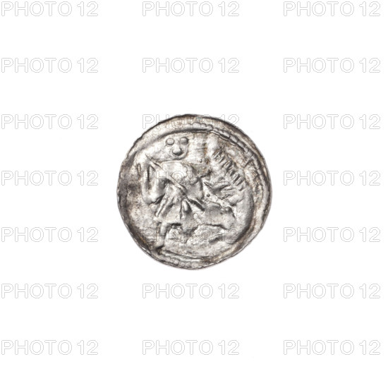 denarius, Boleslaw III Krzywousty (prince of Poland; 1086–1138), allegories, equal-armed cross, spearhead (issue mark), chain mail, jaws, martyrs, knight, Romanesque (style), dragons, chain mail, knights, jaws, dragon, Middle Ages, fight between good and evil, Adalbert (Saint; ca. 956–997), fight against pagans, spear, spears. Obv.: In the beaded border, a knight in chain mail thrusting a spearhead into the jaws of a dragon turned upside down. Rv.: In the triple beaded border, an isosceles cross topped with balls (one of them has a dot). At the intersection of the arms, a ball. Between them, in three quarters, one ball (each has a dot), in the fourth quarter, a dot. One arm intersects the other at approximately 1/3 of its length. c. 1125–1138, Poland, Kraków; coin; diameter 12.2–12.7 mm; weight 0.32 g.
