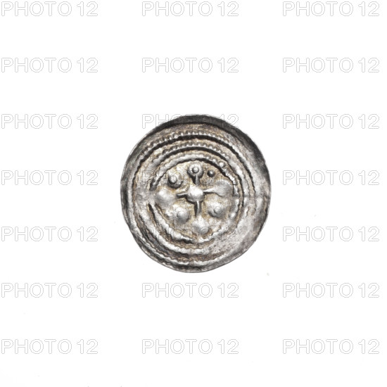 denarius, Boleslaw III Krzywousty (prince of Poland; 1086–1138), allegories, equal-armed cross, crosses, spearhead (issue mark), chain mail, jaws, martyrs, knight, Romanesque (style), dragons, chain mail, knights, jaws, dragon, Middle Ages, fight between good and evil, Adalbert (Saint; ca. 956–997), fight against pagans, spear, spears. Obv.: In the beaded border, a knight in chain mail thrusting a spearhead into the jaws of a dragon turned upside down. Rv.: In the triple beaded border, an isosceles cross topped with balls (one of them has a dot). At the intersection of the arms, a ball. Between them, in three quarters, one ball (each has a dot), in the fourth quarter, a dot. One arm intersects the other at approximately 1/3 of its length. c. 1125–1138. Poland, Kraków. Coin. Diameter 12.2–12.7 mm. Weight 0.32 g.