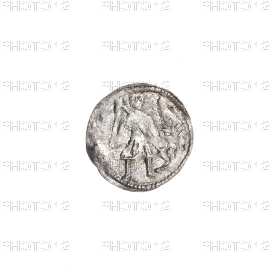 Denarius, Boleslaw III Krzywousty (prince of Poland; 1086–1138). Obverse: in beaded border, a knight in chain mail thrusting a spearhead into the jaws of an upside-down dragon. Reverse: in triple beaded border, an equal-armed (isosceles) cross topped with balls; a ball at the intersection of the arms and one ball between the arms. Allegorical imagery: knight/Adalbert, martyrs, dragons, fight between good and evil, fight against pagans. Romanesque style, ca. 1125–1138. Poland, Kraków. Coin; diameter 12.1–12.4 mm; weight 0.33 g.