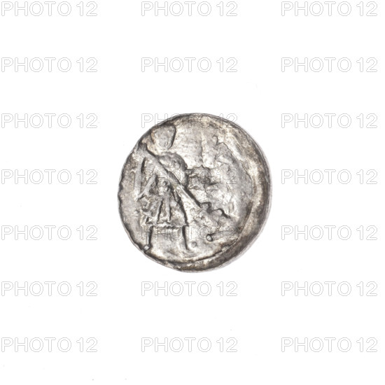 Denarius of Boleslaw III Krzywousty (prince of Poland; ca. 1086–1138), ca. 1125–1138. Obverse: in a beaded border, a knight in chain mail thrusting a spearhead into the upside-down jaws of a dragon; above the knight's left foot, on its outer side, a dot. Reverse: in a triple beaded border, an isosceles cross topped with balls, with a ball between its arms. Allegorical imagery (fight between good and evil, fight against pagans); motifs include spearhead (issue mark), equal-armed cross, crosses, jaws, chain mail, knight, martyrs, Romanesque style, dragons, Adalbert (Saint; ca. 956–997). Minted in Kraków, Poland. Coin; diameter 12.6–12.9 mm; weight 0.51 g.