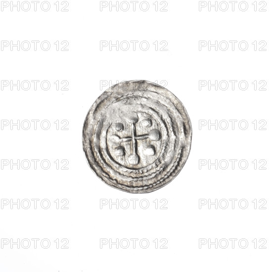 denarius, Boleslaw III Krzywousty (prince of Poland; 1086–1138), allegories, spearhead (issue mark), equal-armed cross, crosses, jaws, chain mail, knight, martyrs, Romanesque (style), dragons, dragon, Adalbert (Saint; ca. 956–997), Middle Ages, fight between good and evil, fight against pagans, spear, spears, Obv. In the beaded border, a knight in chain mail thrusting a spearhead into the jaws of a dragon turned upside down. Above the knight's left foot, on its outer side, a dot. Rv. In the triple beaded border, an isosceles cross topped with balls. Between its arms, one ball. ca. 1125–1138, Kraków, Poland, coin, diameter 12.6–12.9 mm, weight 0.51 g