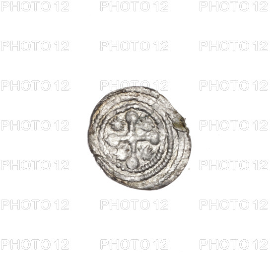 Denarius of Boleslaw III Krzywousty (prince of Poland; ca. 1107–1138), ca. 1125–1138. Obverse: in a linear border, a knight in chain mail thrusting a spearhead into the jaws of an upside-down dragon. Reverse: in a triple beaded border, an isosceles cross topped with balls; at the intersection of the arms a ball; between them one sun. Romanesque style; imagery references Adalbert (Saint) and the fight between good and evil/pagans. Coin from Kraków, Poland. Diameter 11.4–12.2 mm; weight 0.21 g.