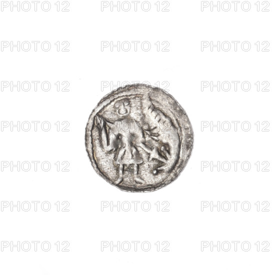 Denarius of Boleslaw III Krzywousty (Prince of Poland; 1107–1138). Obverse: in a beaded border, a knight in chain mail thrusting a spearhead into the jaws of an upside-down dragon — allegory of fight between good and evil / fight against pagans; imagery includes spear(s), chain mail, knight, dragon, jaws, martyrs, Romanesque style. Reverse: in a triple beaded border, an isosceles cross topped with balls; at the intersection of the arms a ball; between the arms three quarters show one ball (one with a dot), the fourth quarter shows a dot; one arm intersects the other at approx. 1/3 of its length. Inscription/marks: spearhead (issue mark), crosses. Date: ca. 1125–1138. Place: Poland, Kraków. Coin; diameter 12.2–12.7 mm; weight 0.39 g.