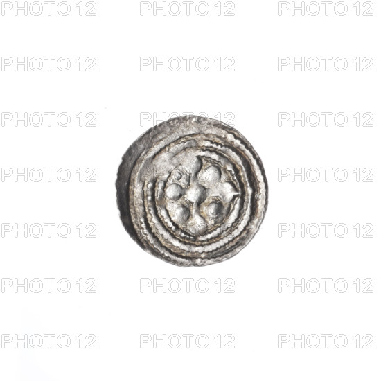 Denarius of Boleslaw III Krzywousty (Prince of Poland; 1107–1138). Obverse: in beaded border, a knight in chain mail thrusting a spearhead into the jaws of an upside-down dragon. Reverse: in triple beaded border, an isosceles cross topped with balls; at the intersection of the arms a ball; between them, in three quarters, one ball (on one of them a dot), in the fourth quarter a dot; one arm intersects the other at approx. 1/3 of its length. Allegories of fight between good and evil / fight against pagans; Romanesque style; motifs include spearhead (issue mark), equal-armed cross, crosses, jaws, chain mail, knight, martyrs, dragons. Inscription/attribution: Adalbert (Saint; ca. 956–997) and Boleslaw III Krzywousty (1086–1138). Date: ca. 1125–1138. Place: Poland, Kraków. Coin; diameter 12.2–12.7 mm; weight 0.39 g. Condition: good.