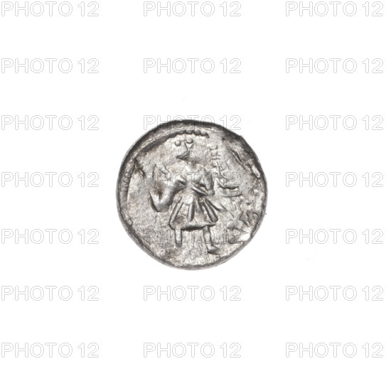 denarius, Boleslaw III Krzywousty (prince of Poland; 1086–1138), allegories, equal-armed cross, crosses, spearhead (issue mark), chain mail, jaws, knight, dragons, martyrs, Romanesque (style), knights, dragon, Middle Ages, Adalbert (Saint; ca. 956–997), fight between good and evil, fight against pagans, spear, spears. Obv.: In the beaded border, a knight in chain mail thrusting a spearhead into the jaws of a dragon turned upside down. Rv.: In the triple beaded border, an isosceles cross topped with balls; at the intersection of the arms, a ball, and one ball between the arms. ca. 1125–1138. Poland, Kraków. Coin, diameter 12.1 mm, weight 0.41 g.
