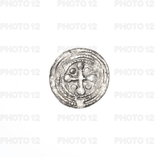 denarius, Boleslaw III Krzywousty (prince of Poland; 1086–1138), allegories, equal-armed cross, crosses, spearhead (issue mark), chain mail, jaws, knight, dragons, martyrs, Romanesque (style), knights, dragon, jaws, Middle Ages, Adalbert (Saint; ca. 956–997), fight between good and evil, fight against pagans, spear, spears. Obv. In the beaded border, a knight in chain mail thrusting a spearhead into the jaws of a dragon turned upside down. Rv. In the triple beaded border, an isosceles cross topped with balls; at the intersection of the arms, a ball; between the arms, one ball. ca. 1125–1138, Poland, Kraków, coin, diameter 12.1 mm, weight 0.41 g
