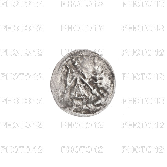 denarius, Boleslaw III Krzywousty (prince of Poland; 1086–1138), allegories, spearhead (issue mark), chain mail (iconographic), equal-armed cross (iconographic), crosses, jaws (iconographic), chain mail, knight (iconographic), martyrs, Romanesque (style), knights, jaws, dragons, dragon (iconographic), fight between good and evil (iconographic), Middle Ages, Adalbert (Saint; ca. 956–997), fight against pagans (iconographic), spear (iconographic), spears. Obv. In the beaded border, a knight in chain mail thrusting a spearhead into the jaws of a dragon turned upside down. Rv. In the triple beaded border, an isosceles cross topped with balls. Between its arms, one ball (two of them with one dot). ca. 1125–1138. Poland, Kraków. Coin. Diameter 12.2–12.5 mm, weight 0.46 g.