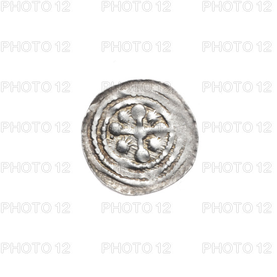 Denarius, Boleslaw III Krzywousty (prince of Poland; 1086–1138). Obverse: in a beaded border, a knight in chain mail thrusting a spearhead into the jaws of a dragon turned upside down. Reverse: in a triple beaded border, an isosceles cross topped with balls (one with a dot); at the intersection of the arms a ball; between the arms a sun; one arm intersects the other at approximately 1/3 of its length. Allegorical imagery referencing martyrs, knights, dragons, fight against pagans, and the fight between good and evil; Romanesque style; motifs include spearhead(s), spears, equal-armed cross, chain mail, jaws. Probably dated ca. 1125–1138, Kraków, Poland. Coin (denarius), diameter ~12.9–13.5 mm, weight 0.55 g.
