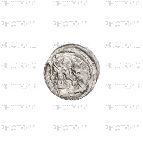 denarius, Boleslaw III Krzywousty (prince of Poland; 1107–1138), allegories, Boleslaw III Krzywousty (prince of Poland; 1086–1138), equal-armed cross, spearhead (issue mark), chain mail, crosses, chain mail, mouth, knight, martyrs, dragons, knights, mouths, dragon, Middle Ages, fight between good and evil, fight against pagans, spear, Adalbert (Saint; ca. 956–997), Romanesque (style), spears. Obverse: in the beaded border, a knight in chain mail thrusting a spearhead into the jaws of an upside-down dragon. Reverse: in the triple beaded border, an isosceles cross topped with balls; at the intersection of the arms, a ball with a dot; between the arms, one ball (one with a dot). ca. 1125–1138, Poland, Kraków; coin; diameter 11.9–12.9 mm; weight 0.34 g