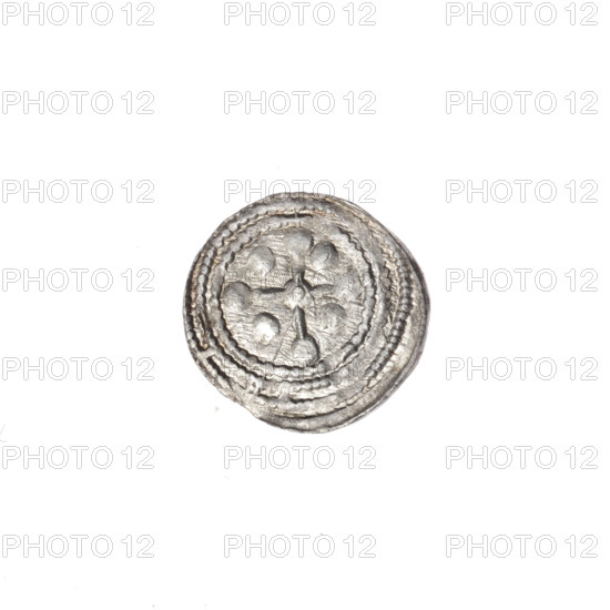 denarius, Boleslaw III Krzywousty (prince of Poland; 1086–1138; reign 1107–1138), allegories, equal-armed cross, spearhead (issue mark), chain mail, crosses, mouth, knight, martyrs, dragons, Middle Ages, fight between good and evil, fight against pagans, spear, Adalbert (Saint; ca. 956–997), Romanesque (style), spears. Obv.: In the beaded border, a knight in chain mail thrusting a spearhead into the jaws of an inverted dragon. Rv.: In the triple beaded border, an isosceles cross topped with balls; at the intersection of the arms, a ball with a dot; between the arms, one ball (one with a dot). ca. 1125–1138. Poland, Kraków. Coin. Diameter 11.9–12.9 mm. Weight 0.34 g.