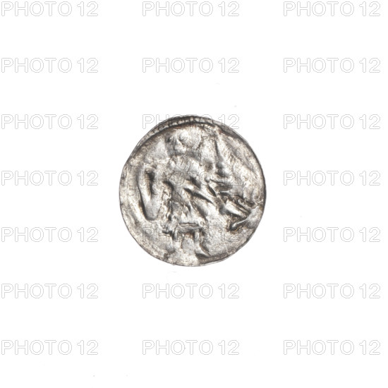 denarius, Boleslaw III Krzywousty (prince of Poland; 1107–1138), allegories, Boleslaw III Krzywousty (prince of Poland; 1086–1138), equal-armed cross, crosses, chain mail, spearhead (issue mark), chain mail, jaws, martyrs, knight, Romanesque (style), knights, jaws, dragon, fight between good and evil, Middle Ages, fight against pagans, spear, Adalbert (Saint; ca. 956–997), dragons, spears. Obv.: In the beaded border, a knight in chain mail thrusting a spearhead into the jaws of a dragon turned upside down. Rv.: In the triple beaded border, an isosceles cross topped with balls; between its arms, one ball (three of them with one dot). ca. 1125–1138, Poland, Kraków, coin; diameter 11.8–12.2 mm; weight 0.32 g.
