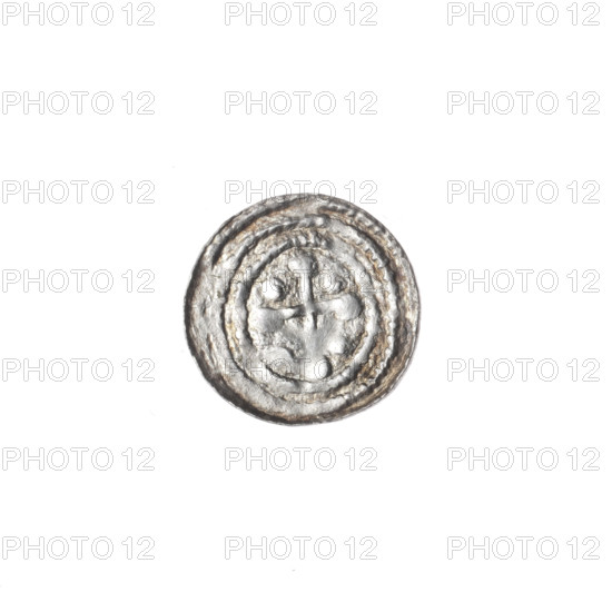 denarius, Boleslaw III Krzywousty (prince of Poland; 1107–1138), allegories, Boleslaw III Krzywousty (prince of Poland; 1086–1138), equal-armed cross, crosses, chain mail, spearhead (issue mark), chain mail, jaws, martyrs, knight, Romanesque (style), knights, jaws, dragon, fight between good and evil, Middle Ages, fight against pagans, spear, Adalbert (Saint; ca. 956–997), dragons, spears. Obv. In the beaded border, a knight in chain mail thrusting a spearhead into the jaws of a dragon turned upside down. Rv. In the triple beaded border, an isosceles cross topped with balls; between its arms, one ball (three of them with one dot). ca. 1125–1138, Poland, Kraków, coin, diameter 11.8–12.2 mm, weight 0.32 g