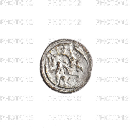 denarius, Boleslaw III Krzywousty (prince of Poland; 1086–1138), allegories, equal-armed cross, crosses, spearhead (issue mark), jaw, chain mail, martyrs, knight, Romanesque (style), jaws, dragon, knights, Adalbert (Saint; ca. 956–997), Middle Ages, fight between good and evil, spear, fight against pagans, spears, dragons. Obv. In the beaded border, a knight in chain mail thrusting a spearhead into the jaws of a dragon turned upside down. Rv. In the triple beaded border, an isosceles cross topped with balls; between its arms, one ball. ca. 1125–1138. Kraków, Poland. Coin. Diameter 12.7–13.1 mm. Weight 0.63 g.