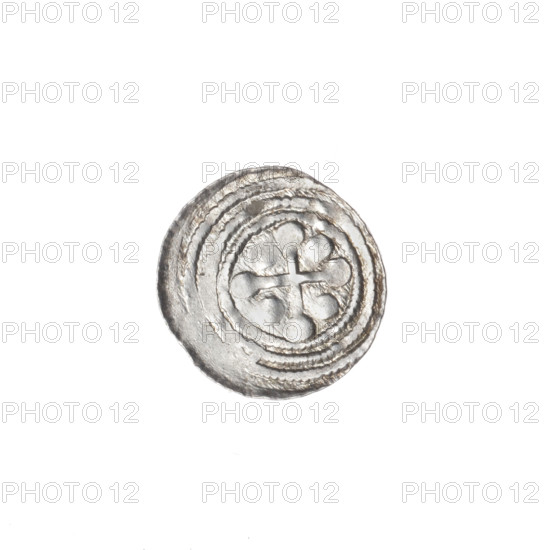 denarius, Boleslaw III Krzywousty (prince of Poland; 1107–1138), allegories, equal-armed cross, crosses, spearhead (issue mark), jaw, chain mail, martyrs, knight, Romanesque (style), jaws, dragon, knights, Adalbert (Saint; ca. 956–997), Middle Ages, fight between good and evil, spear, fight against pagans, spears, dragons. Obv.: In the beaded border, a knight in chain mail thrusting a spearhead into the jaws of a dragon turned upside down. Rv.: In the triple beaded border, an isosceles cross topped with balls; between its arms, one ball. ca. 1125–1138. Kraków, Poland. Coin. Diameter 12.7–13.1 mm. Weight 0.63 g.