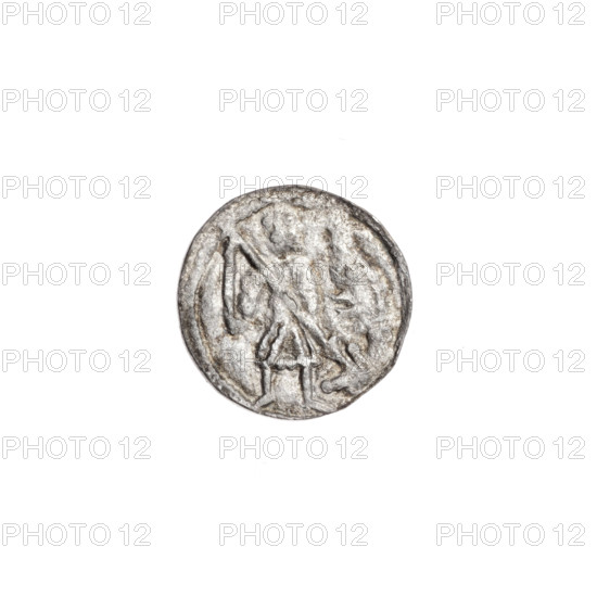 denarius, Boleslaw III Krzywousty (prince of Poland; 1107–1138), allegories, equal-armed cross, jaws, spearhead (issue mark), crosses, chain mail, martyrs, Romanesque (style), knight, dragons, Adalbert (St.; ca. 956–997), Middle Ages, fight between good and evil, fight against pagans, spear, spears. Obv. In the beaded border, a knight in chain mail thrusting a spearhead into the jaws of a dragon turned upside down. Rv. In the triple beaded border, an isosceles cross topped with spheres; between its arms, one sun. ca. 1125–1138, Poland, Kraków, coin; diameter 12.1–12.6 mm, weight 0.33 g.