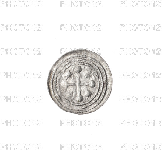 denarius, Boleslaw III Krzywousty (prince of Poland; 1086–1138), allegories, equal-armed cross, jaws, spearhead (issue mark), crosses, chain mail, martyrs, Romanesque (style), knight, dragons, Adalbert (St.; ca. 956–997), Middle Ages, fight between good and evil, fight against pagans, spear, spears. Obv.: In the beaded border, a knight in chain mail thrusting a spearhead into the jaws of a dragon turned upside down. Rv.: In the triple beaded border, an isosceles cross topped with spheres; between its arms, one sun. ca. 1125–1138, Poland, Kraków, coin; diameter 12.1–12.6 mm, weight 0.33 g.