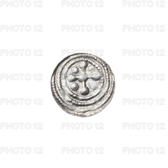 Denarius of Boleslaw III Krzywousty (prince of Poland, 1086–1138), ca. 1125–1138. Obverse: in the beaded border, a knight in chain mail thrusting a spearhead into the jaws of an upside-down dragon. Reverse: in the triple beaded border, an isosceles cross topped with spheres (one with a dot); at the arms' intersection a sphere; between the arms one sphere (three of them dotted). Iconography: knight, chain mail, spear/spearhead, dragon, jaws, equal-armed cross, crosses, martyrs, Adalbert (Saint, ca. 956–997), fight between good and evil / fight against pagans, Romanesque style. Coin (Poland, Kraków), diameter 11.8–12.1 mm, weight 0.32 g.