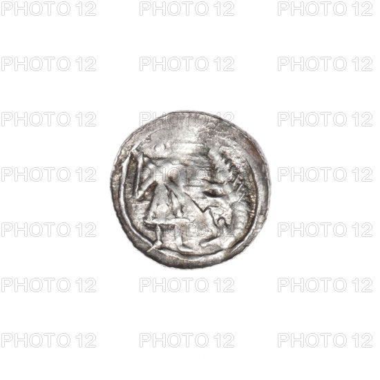 denarius, Boleslaw III Krzywousty (prince of Poland; 1086–1138 / reign 1107–1138), Romanesque, ca. 1125–1138, Poland, Kraków; coin. Obverse: in linear border, a knight in chain mail thrusting a spearhead into the jaws of an upside-down dragon. Reverse: in triple beaded border, an isosceles cross topped with spheres (one with a dot); between its arms, a sphere (one with a dot). Materials: silver. Diameter 13.0–13.6 mm; weight 0.43 g.