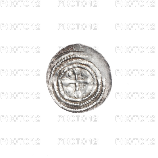 denarius, Boleslaw III Krzywousty (prince of Poland; 1086–1138), allegories, spearhead (issue mark), equal-armed cross, chain mail, crosses, jaws, knight, martyrs, dragons, Romanesque (style), knights, dragon, Middle Ages, Adalbert (St.; ca. 956–997), fight between good and evil, fight against pagans, spears, spear. Obv.: In the linear border, a knight in chain mail thrusting a spearhead into the jaws of a dragon turned upside down. Rv.: In the triple beaded border, an isosceles cross topped with spheres (one of them with a dot); between its arms, one sphere (one of them with a dot). ca. 1125–1138, Poland, Kraków; coin; diameter 13.0–13.6 mm; weight 0.43 g.