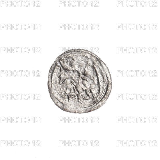 denarius, Boleslaw III Krzywousty (prince of Poland; 1086–1138), allegories, equal-armed cross, spearhead (issue mark), crosses, chain mail, jaws, chain mails, knight, martyrs, dragons, Romanesque (style), knights, dragon, jaws, Middle Ages, fight between good and evil, Adalbert (Saint; ca. 956–997), fight against pagans, spear, spears. Obverse: In the beaded border, a knight in chain mail thrusting a spearhead into the jaws of an upside-down dragon. Reverse: In the triple beaded border, an isosceles cross topped with balls; between its arms, one ball (two of them with one dot). Ca. 1125–1138. Poland, Kraków. Coin; diameter 12.7 mm; weight 0.30 g.