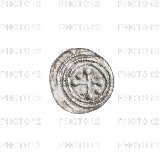 denarius, Boleslaw III Krzywousty (prince of Poland; 1086–1138), allegories, equal-armed cross, spearhead (issue mark), crosses, chain mail, jaws, knight, martyrs, dragons, Romanesque (style), knights, dragon, Middle Ages, fight between good and evil, Adalbert (Saint; ca. 956–997), fight against pagans, spear, spears. Obv.: In the beaded border, a knight in chain mail thrusting a spearhead into the jaws of an upside-down dragon. Rv.: In the triple beaded border, an isosceles cross topped with balls; between its arms, one ball (two of them with one dot). Ca. 1125–1138. Poland, Kraków. Coin (denarius). Diameter 12.7 mm; weight 0.30 g.