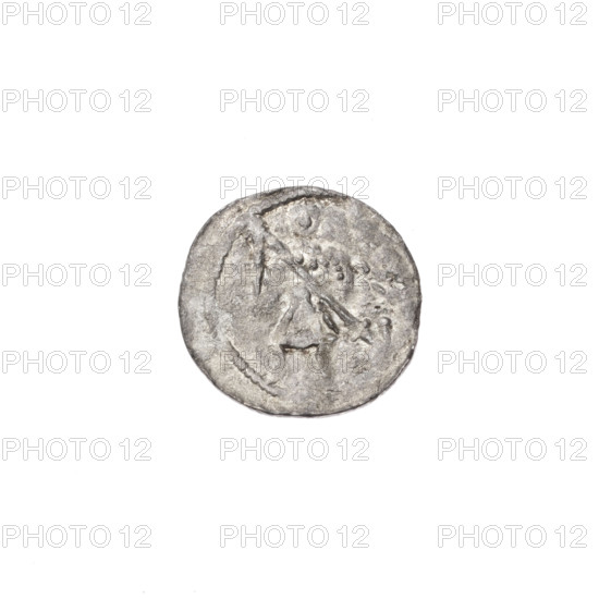 Denarius of Boleslaw III Krzywousty (prince of Poland; ca. 1107–1138). Obverse: in a beaded border, a knight in chain mail thrusting a spearhead into the jaws of an upside-down dragon — allegorical scene of knights, dragons, fight against pagans, fight between good and evil; imagery includes crosses, mouths, martyrs, Adalbert (Saint; ca. 956–997). Reverse: in a triple beaded border, an isosceles (equal-armed) cross topped with balls; one ball between its arms. Romanesque style; issue mark: spearhead. Date ca. 1125–1138. Poland, Kraków. Coin; diameter 12.4–13.0 mm; weight 0.31 g.