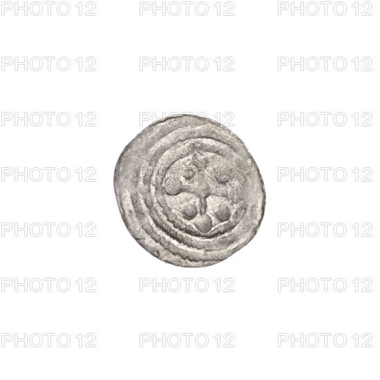 denarius, Boleslaw III Krzywousty (prince of Poland; 1086–1138), allegories, equal-armed cross, spearhead (issue mark), chain mail, crosses, mouth, martyrs, knight, Romanesque (style), dragons, knights, dragon, mouths, fight against pagans, fight between good and evil, Adalbert (Saint; ca. 956–997), Middle Ages, spear, spears. Obv.: In the beaded border, a knight in chain mail thrusting a spearhead into the jaws of a dragon turned upside down. Rv.: In the triple beaded border, an isosceles cross topped with balls; between its arms, one ball. ca. 1125–1138. Poland, Kraków. Coin. Diameter 12.4–13.0 mm. Weight 0.31 g.