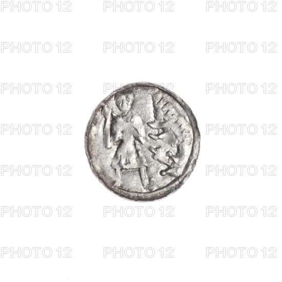 Denarius of Boleslaw III Krzywousty (prince of Poland; ca. 1107–1138). Obverse: in a linear border, a knight in chain mail thrusting a spearhead into the jaws of an upside-down dragon; a dot appears beside the knight's left foot. Reverse: in a triple beaded border, an isosceles cross topped with balls, with a ball between its arms. Romanesque style; iconography: knight/saint (Adalbert referenced), fight between good and evil, spears, dragons, martyrs, fight against pagans. Date: ca. 1125–1138. Place: Kraków, Poland. Coin (denarius). Diameter 12.8–13.2 mm. Weight 0.50 g.