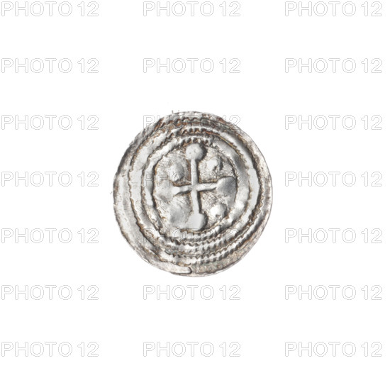 Denarius of Boleslaw III Krzywousty (prince of Poland; ca. 1086–1138), ca. 1125–1138. Obverse: in a linear border, a knight in chain mail thrusting a spearhead into the jaws of an upside-down dragon; a dot above the knight's left foot on its outer side. Reverse: in a triple beaded border, an isosceles cross topped with balls, with one ball between its arms. Romanesque style; allegorical motif of knights, dragons, fight between good and evil and against pagans; references to martyrs/saints (Adalbert). Coin, Poland (Kraków), diameter 12.8–13.2 mm, weight 0.50 g.