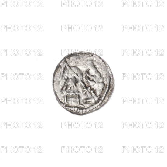 denarius, Boleslaw III Krzywousty (prince of Poland; 1086–1138), allegories, chain mail, spearhead (issue mark), equal-armed cross, crosses, mouth, knight, martyrs, Romanesque (style), dragons, dragon, mouths, Middle Ages, knights, fight against pagans, Adalbert (Saint; ca. 956–997), spears, spear, fight between good and evil, good (state of preservation). Obv.: In the beaded border, a knight in chain mail thrusting a spearhead into the jaws of a dragon turned upside down. Rv.: In the triple beaded border, an isosceles cross topped with balls; between its arms, one ball. ca. 1125–1138. Poland, Kraków. Coin. Diameter 11.7–12.1 mm. Weight 0.41 g.