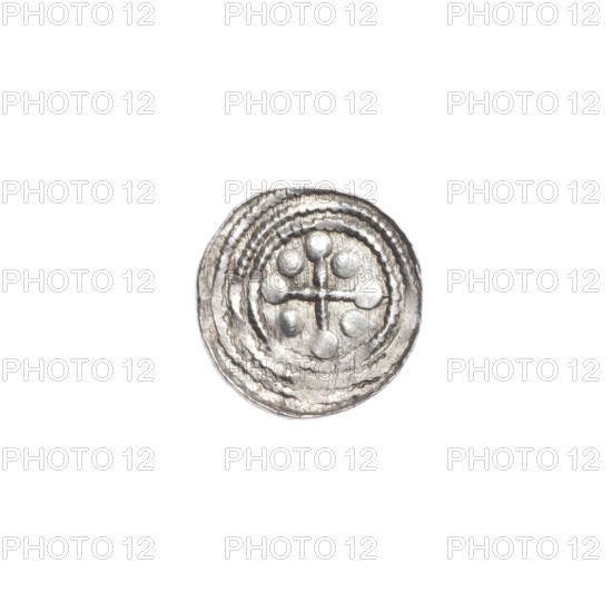 denarius, Boleslaw III Krzywousty (prince of Poland; 1086–1138), allegories, chain mail, spearhead (issue mark), equal-armed cross, crosses, mouth, knight, martyrs, Romanesque (style), dragons, dragon, mouths, Middle Ages, knights, fight against pagans, Adalbert (Saint; ca. 956–997), spears, spear, fight between good and evil, good (state of preservation). Obv. In the beaded border, a knight in chain mail thrusting a spearhead into the jaws of a dragon turned upside down. Rv. In the triple beaded border, an isosceles cross topped with balls. Between its arms, one ball. ca. 1125–1138. Poland, Kraków. Coin. Diameter 11.7–12.1 mm. Weight 0.41 g.