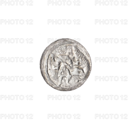 denarius, Boleslaw III Krzywousty (prince of Poland; 1086–1138), allegories, chain mail (iconographic), spearhead (issue mark), crosses, mouth (iconographic), martyrs, equal-armed cross (iconographic), knight (iconographic), Romanesque (style), knights, middle ages, fight between good and evil (iconographic), Adalbert (St.; ca. 956–997), dragons, spears, dragon (iconographic), fight against pagans (iconographic), Obv. In the beaded border, a knight in chain mail thrusting a spearhead into the jaws of a dragon turned upside down. Rv. In the triple beaded border, an isosceles cross topped with balls. Between its arms, one sun. ca. 1125–1138, Poland, Kraków, coin, diameter 12.4 mm, weight 0.39 g