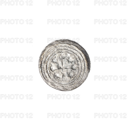 Denarius, Boleslaw III Krzywousty (prince of Poland; 1086–1138). Obverse: in the beaded border, a knight in chain mail thrusting a spearhead into the jaws of an upside-down dragon. Reverse: in the triple beaded border, an isosceles cross topped with balls, between its arms one sun. Iconography: chain mail, spearhead (issue mark), crosses, martyrs, equal-armed cross, knight, mouths, dragons, spears, dragon; themes of fight between good and evil and fight against pagans; Romanesque style; reference to Adalbert (St.; ca. 956–997). Date ca. 1125–1138. Poland, Kraków. Coin: diameter 12.4 mm, weight 0.39 g.