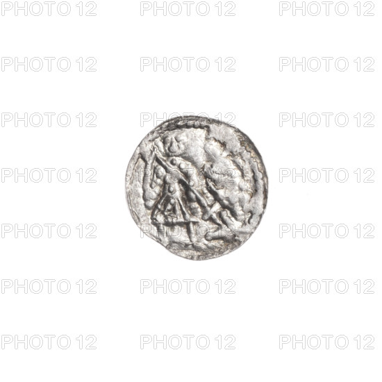 denarius, Boleslaw III Krzywousty (prince of Poland; 1086–1138 / reign 1107–1138), Romanesque, Middle Ages, ca. 1125–1138, Poland, Kraków; coin. Obv.: in the beaded border, a knight in chain mail thrusting a spearhead into the mouth of an upside-down dragon. Rv.: in the triple beaded border, an isosceles cross topped with spheres (one with a dot); between its arms, one sphere (three of them with a dot). Iconography: spearhead, chain mail, mouth, knight, dragons, fight between good and evil, fight against pagans, martyrs, crosses, equal-armed cross, Adalbert (Saint; ca. 956–997). Diameter: 11.6–11.9 mm; weight: 0.35 g.