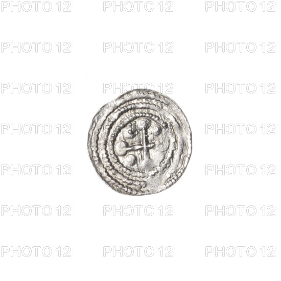 denarius, Boleslaw III Krzywousty (prince of Poland; 1086–1138), allegories, spearhead (issue mark), chain mail (iconographic), crosses, equal-armed cross (iconographic), chain mail, mouth (iconographic), knight (iconographic), martyrs, Romanesque (style), dragons, knights, fight between good and evil (iconographic), Middle Ages, fight against pagans (iconographic), spear (iconographic), dragon (iconographic), Adalbert (Saint; ca. 956–997), spears. Obv. In the beaded border, a knight in chain mail thrusting a spearhead into the mouth of a dragon turned upside down. Rv. In the triple beaded border, an isosceles cross topped with spheres (one of them has a dot). Between its arms, one sphere (three of them have a dot). ca. 1125–1138. Poland, Kraków. Coin. Diameter 11.6–11.9 mm. Weight 0.35 g.