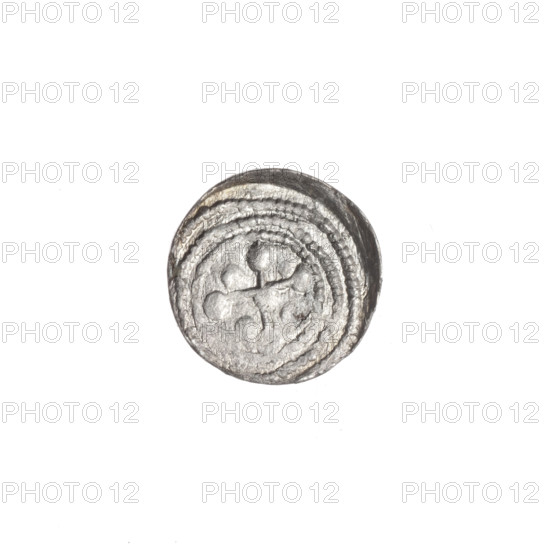 denarius, Boleslaw III Krzywousty (prince of Poland; 1086–1138), allegories, equal-armed cross, chain mail, spearhead (issue mark), crosses, jaws, martyrs, knight, dragons, Romanesque (style), knights, jaws, Middle Ages, dragon, fight against pagans, fight between good and evil, spear, Adalbert (Saint; ca. 956–997), spears. Obv.: In the beaded border, a knight in chain mail thrusting a spearhead into the jaws of a dragon turned upside down. Rv.: In the triple beaded border, an isosceles cross topped with balls; at the intersection of the cross's arms, a ball; between its arms, one ball. ca. 1125–1138, Poland, Kraków, coin, diameter 12.2 mm, weight 0.34 g