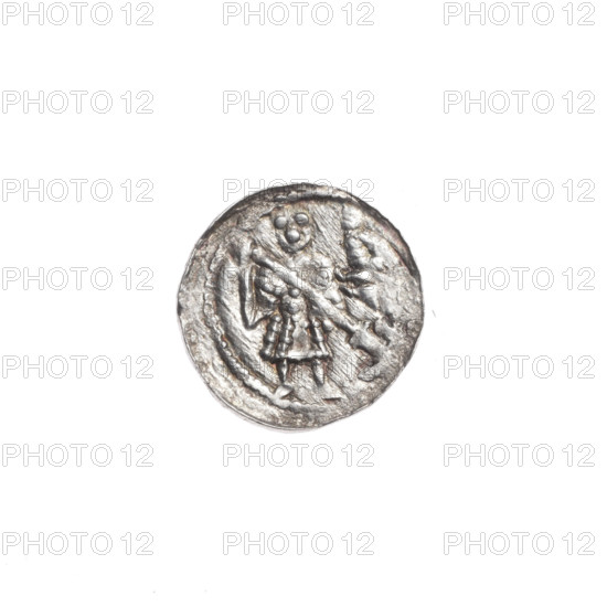 Denarius, Boleslaw III Krzywousty (prince of Poland; 1086–1138). Obverse: in the beaded border, a knight in chain mail thrusting a spearhead into the jaws of a dragon turned upside down. Reverse: in the triple beaded border, an isosceles equal-armed cross topped with balls; between its arms, one ball (three of them with one dot). Allegorical imagery: spearhead (issue mark), crosses, chainmail, knight, martyrs, dragon, Romanesque style, fight between good and evil, fight against pagans; associated saint: Adalbert (Saint; ca. 956–997). Date ca. 1125–1138. Poland, Kraków. Coin; diameter 12.3–12.9 mm; weight 0.40 g.